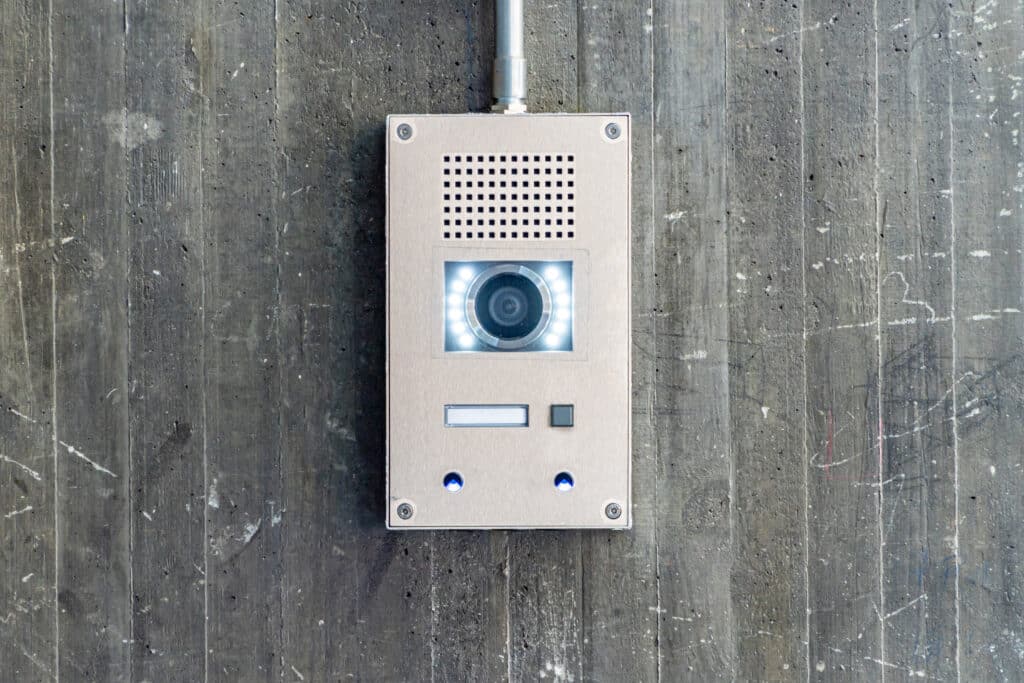 Real photography of an intercom with camera on the smart surveillance system of a contemporary office or residential building